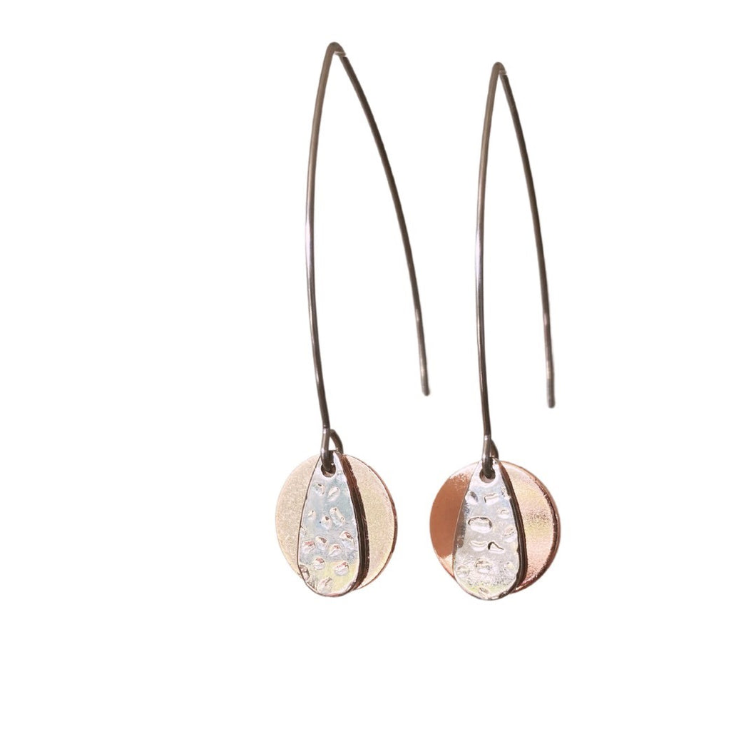 Elegant long rose gold and textured silver dangles